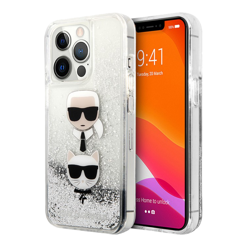 Чехол iPhone 13 Pro Lagerfeld Liquid glitter Karl & Choupette heads Hard Silver
