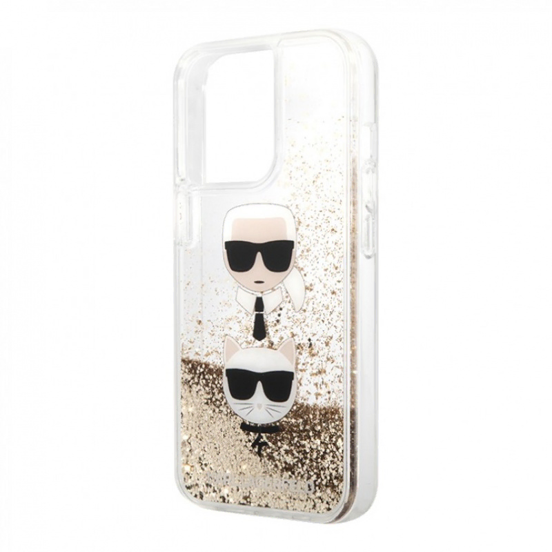 Чехол iPhone 13 Lagerfeld Liquid glitter Karl & Choupette heads Hard Gold